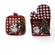 Bild für Christmas Joy Ofenhandschuh-Set, rot-weißes Buffalo-Karomuster mit Weihnachtsmann (Weihnachtsgrün)