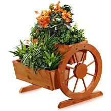 Bild für Pflanzkübel mit Wagenräder aus Holz Garten Dekoration Blumentrog Holzkasten