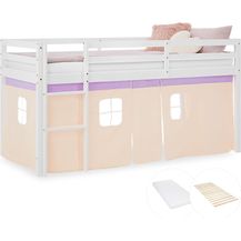 Bild für Hochbett Kinder 90x200 cm mit Matratze Kinderbett Kinderhochbett Stockbett Vorhang Lila Beige Holz Massiv Lattenrost