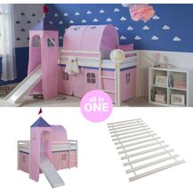 Bild für Hochbett mit Lattenrost 90x200 Turm Tunnel Rutsche Stockbett Kinderbett Holz Kiefer Vorhang rosa