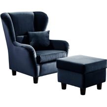 Bild für lifestyle4living Ohrensessel mit Hocker in blauem Samt bezogen 