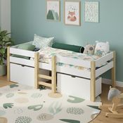 Bellabino 'Aspy' Halbhochbett 90x200 cm mit Leiter, weiß, Kinderbett mit 2 Schubladen, inkl. Rausfallschutz und Lattenrost