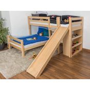 Kinderbett Etagenbett Moritz L Buche Vollholz massiv natur mit Regal und Rutsche, inkl. Rollrost - 90x200 cm, teilbar