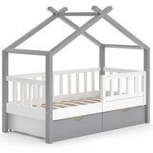 Bild für VitaliSpa Kinderbett Hausbett Einzelbett Design Weiß Grau modern 70x140 cm Kinderzimmer Bett Massivholz Lattenrost Schublade Rausfallschutz Schubladenbett