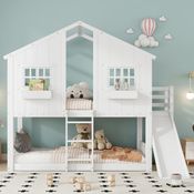 Merax Etagenbett, Kinderbett, Mit Kinderrutsche, Mit Dach und Fenster, mit Fallschutzgitter, mit dreistufiger Leiter, Kiefer+MDF, Weiß, 90x200cm