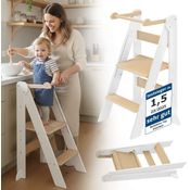 Bellabino 'Tay' Lernturm für Kinder ab 1 Jahr, Tritt 2-fach höhenverstellbar, weiß/natur, Birke Sperrholz, klappbar, Tritthocker bis 50 kg belastbar
