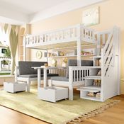 Merax Etagenbett 90/120x200cm, Multifunktionales Hochbett, 2-in-1-Bett und Schreibtisch, Stauraumleiter, Dekorativer Zaun mit Sternen und Mond, Weiß