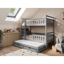 Bild für Deine Möbel 24 Etagenbett Hochbett Kinderbett Stockbett KEV für 3 Kinder 90x200 Aschgrau (Set, 3-St, Funktionsbett mit Rausfallschutz, Lattenrost und Bettkasten)