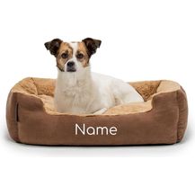 Bild für lionto Hundebett mit Wendekissen und Rutschfester Unterseite, Heimtierkissen mit tiefem Einstieg für Hunde und Katzen jeden Alters, 60x48 cm, kuscheliges Hundekissen, braun/beige (Namensaufdruck)