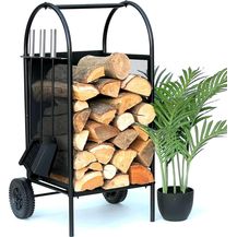 Bild für DanDiBo Kaminholzregal Innen Metall Schwarz Kaminholzständer 80 cm mit Kaminbesteck und Rädern 96358 Kaminholzwagen