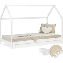 Bild für Kinderbett mit 2 Matratzen ausziehbar Hausbett 90x200 Gästebett Ausziehbett Funktionsbett Holz Weiß Kinderdoppelbett Bett Bettenhaus Spielbett