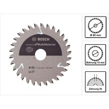 Bild für Bosch Professional Kreissägeblatt Standard for MultiMaterial (Laminatbodenbelägen, Nichteisenmetallen, Aluminium, Kunststoffen, Epoxidharz, Holz, 85 x 15 x 1,5 mm, 30 Zähne, Zubehör Akku Kreissäge)