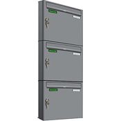 AL Briefkastensysteme Basic 3er Briefkasten RAL 9006 Weiß Aluminium Silber Edelstahl-farbig 3 Fach DIN A4 wetterfest Briefkastenanlage mit Posthaltebügel und 2 Namensschildern