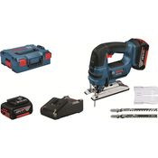 Bosch Professional Akku Stichsäge 06015A6106, 18 V, 2 x 4,0 Ah Akku, Schnellladegerät, Stichsägeblätter