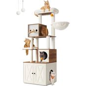 Feandrea Kratzbaum PCT116K03, 180 cm hoch mit Katzentoilette-Schrank, honigbraun-vintageweiß, inklusive waschbarem Kissen und 2 Plüschbällen