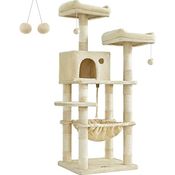Feandrea Kratzbaum, 143 cm hoch, Katzenbaum mit 11 Kratzsäulen, 2 Plattformen, 1 Katzenhöhle, 1 Hängematte, 2 Plüschbällen, Plüsch, mehrstöckiges Design, beige PCT15BE