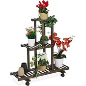 Relaxdays Pflanzenregal, Blumenständer mit 3 Ablagen, Bambus, HxBxT 82 x 81 x 36 cm, rollbar, Blumenregal innen, braun