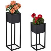 Relaxdays Blumenständer 2er Set, Metall, 2 Größen, mit Gestell, Wohnzimmer & Flur, eckiger Pflanztopfständer, schwarz