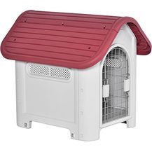 Bild für PawHut Hundehütte Outdoor Hundehaus mit Dachluke Tor Unterschlupf für kleine Hunde Kleintierstall Luftzirkulation wasserdicht Metall PP Rot+Hellgrau 59 x 75 x 66 cm