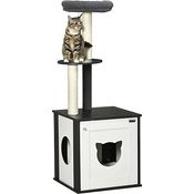 PawHut Kratzbaum mit Katzenschrank, 2 in 1 Katzenbaum mit Katzentoilette, 131,5H cm, Kletterbaum mit Sisalsäulen und Katzenbett, Katzenturm mit Aufbewahrungsschrank, Dunkelgrau+Weiß