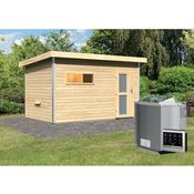 Karibu Saunahaus Skrollan 3 mit Milchglastür Set Ofen 9 kW Bio, externe Steuerung easy
