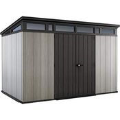 Keter Artisan 11x7 Gerätehaus – Wetterfestes Gartenhaus mit Boden, Pultdach, Doppeltüren & Fenster, Ideal für Outdoor-Aufbewahrung, 342x218x226cm, 13,7 m³, grau