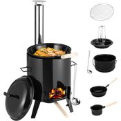 Juskys Holzkohlegrill Gulaschkanone, Aus Edelstahl mit Kessel (17 L), Pfanne und Grillhähnchenteller, Schwarz