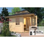 Weka Saunahaus 'Kurikka' mit Sauna Varberg 3 und 7,5 kW BioS-Ofenset, Steuerung 298 x 298 x 315 cm, Gartensauna in rustikalem Design, Massivholz, inklusive Dampfbad-Funktion
