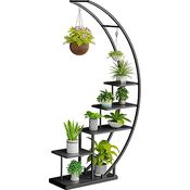 Ribelli 5-stufiger Metall-Pflanzenständer in Halbmondform 172cm, Pflanzenregal mit 5 Ablagen & Haken, Hoch Blumenständer Pflanzentreppe mit Kippschutz für Balkon Wohnzimmer Terrasse (1 Stück, Schwarz)
