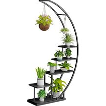 Bild für Ribelli 5-stufiger Metall-Pflanzenständer in Halbmondform 172cm, Pflanzenregal mit 5 Ablagen & Haken, Hoch Blumenständer Pflanzentreppe mit Kippschutz für Balkon Wohnzimmer Terrasse (1 Stück, Schwarz)