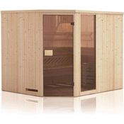 FinnTherm Sauna Innenkabine Spruce für Saunahäuser, BxTxH: 194 x 194 x 199 cm, 68 mm, mit bronziertem Ganzglasfenster und massiven Linden-Saunaliegen