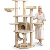 HAPPYPET Kratzbaum für Katzen groß 181 cm hoch - Stabiler Kletterbaum Katzenbaum, Dicke Stämme mit 11 cm, Haus & Spieltunnel, große Liegemulden, Spietau mit Kratzrolle, Creme - Preisvergleich