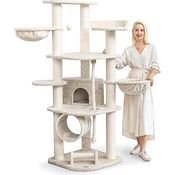 HAPPYPET Großer Kratzbaum Parker 171 cm hoch - Kletterbaum Katzenbaum für Katzen, Stabile Dicke Sisal-Säulen 11 cm, Haus Spieltunnel, große Liegemulden (Belastbar 15 kg), Spieltau & Kratzrolle, Creme