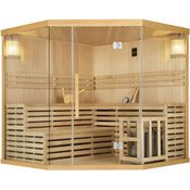 Artsauna Saunakabine Espoo200 Premium mit Harvia Ofen – 5 Personen – Hemlock Holz, Glasfront und LED Licht – Inkl. Thermometer & Sanduhr –Komplett Set