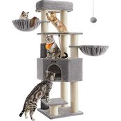 Feandrea Kratzbaum mit selbstwärmenden Decken, für große Katze, Katzenbaum mit 2 Katzenbürsten, 11,1 cm dicke Stämme, große Plattformen, Höhle, 50 x 50 x 160 cm, Taubengrau-cremeweiß PCT003N01