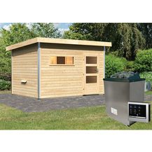 Bild für Karibu Saunahaus Skrollan 2 mit moderner Tür Set naturbelassen mit Ofen 9 KW