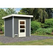 Karibu Saunahaus Norge mit moderner Tür terragrau