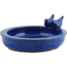 Bild für Vogeltränke mit Vögelchen Keramik Blau Vogelbad Vogelfutterschale Rund 27cm