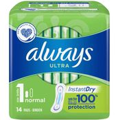 Always Ultra Damenbinde Größe 1 Normal ohne Flügel InstantDry Technologie dickere Binden mit einer angenehmen Passform Auslaufschutz 14 Stück