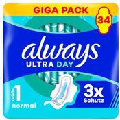 Always Ultra Day Damenbinden Normal (Größe 1) mit Flügeln, super saugfähig, ultra dünn, 34 Stück, LeakGuard- und OdourLock-Technologie, dermatologisch getestet