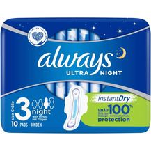 Bild für Always Ultra Night Damenbinden Gr.3 mit Flügel mit InstantDry-System SecureGuard-Konturen für zusätzliche Sicherheit geruchsneutralisierende Technologie 10 Stück