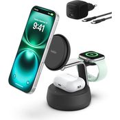 Belkin UltraCharge Pro Qi2 Induktive Ladestation, 25W, 3 in 1 Ladegerät für iPhone 16, Apple Watch, AirPods, mit ChillBoost Kühltechnik und 45-W-Adapter – Schwarz