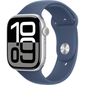 Apple Watch Series 10, 46 mm, GPS, Aluminiumgehäuse Silber, Sportarmband Denim, S/M