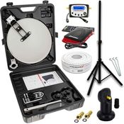 PremiumX Mobile Camping SAT Anlage Satellitenschüssel TV Receiver Satelliten-Finder Single LNB 10m Kabel Koffer Camp Stativ, wettergeschütztes LNB mit 0,1 dB Rauschmaß, 4K und 3D Unterstützung, stabiles Camp Stativ