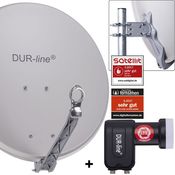 DUR-line 2 Teilnehmer Set - Qualitäts-Alu-Satelliten-Komplettanlage - Select 60/65cm Spiegel/Schüssel Hellgrau + Twin LNB - für 2 Receiver/TV [Neuste Technik, DVB-S2, 4K, 3D]