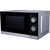 Sharp R200INW Mikrowelle, Standgerät, 20 Liter Garraum, 800 Watt, 5 Leistungsstufen, Timer von 35 Minuten bis 00 Sekunden, gewichtgesteuertes Auftauen, Energiesparmodus, Glasdrehteller 25,5 cm, silber