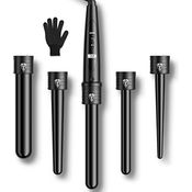 ELEHOT-Store Lockenstab 5 in 1 LCD Keramikbeschichtung Multifunktions Austauschbare Welleneisen mit Handschuhe Lockenwickler Kit ET-W301, Turmalin und Keramik-Technologie, automatische Abschaltung, schwarz