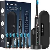 Elektrische Zahnbürste Schallzahnbürste für Erwachsene – PHYLIAN Elektrische Schallzahnbürste mit Halter Reiseetui, Sonic Zahnbürsten mit 8 Zahnbürstenköpfe, 2 Minute Timer, 5 Modi, Schwarz