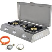 NJ NSD-3C Gaskochplatte, Gaskocher 3 flammig Campingkocher mit Deckel und Zündsicherung PropanAnzahl der Kochstellen 3, edelstahl