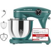 KLAMER Küchenmaschine 1800W, Knetmaschine mit 6 Liter Edelstahl Schüssel, 10 Geschwindigkeitsstufen mit Timer, Rührbesen, Knethaken, Schneebesen und Spritzschutz, in Silber